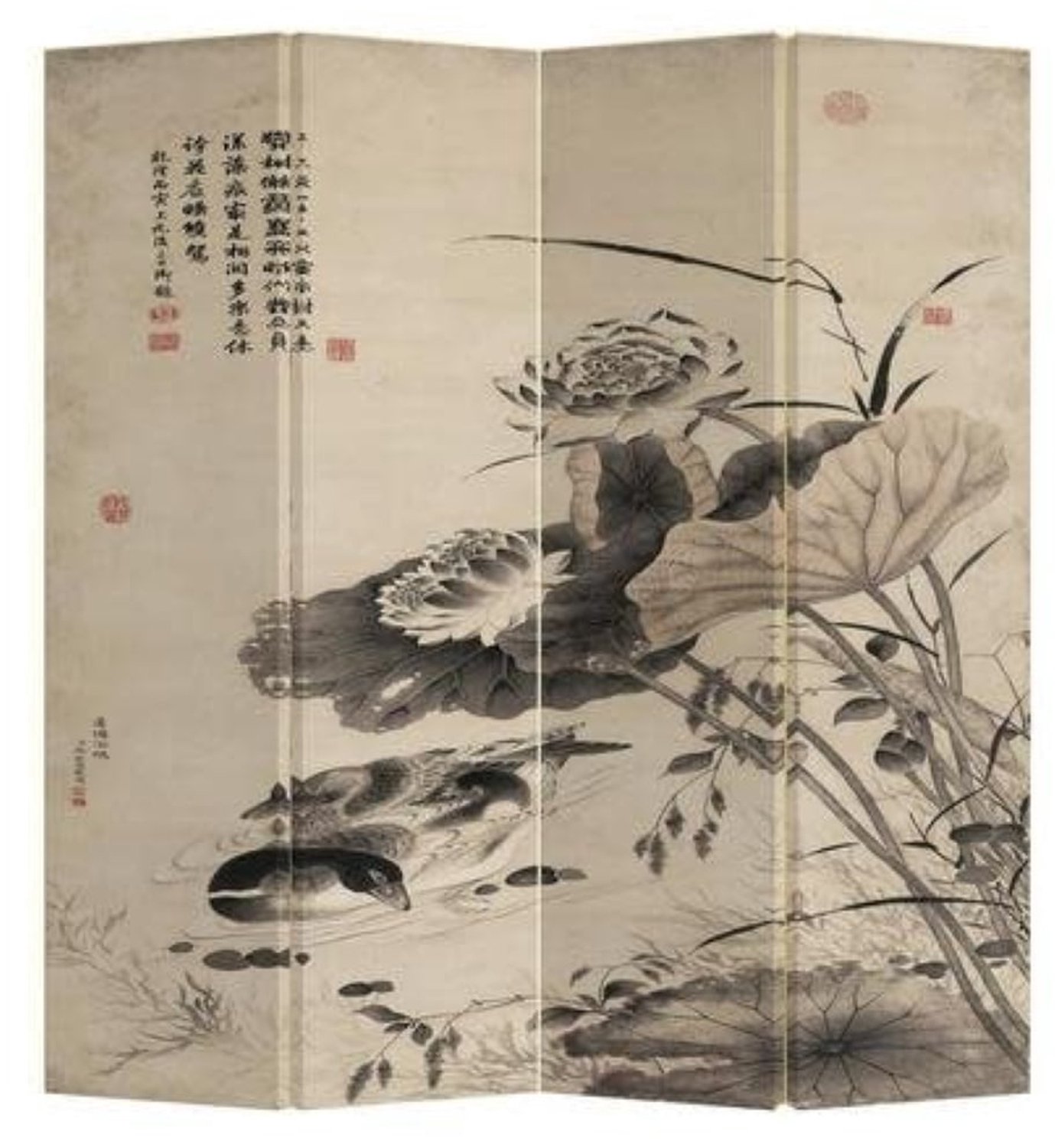 Fine Asianliving Chinees Kamerscherm Oosters Scheidingswand B160xH180cm 4 Panelen Eendjes in Lotuspond multi