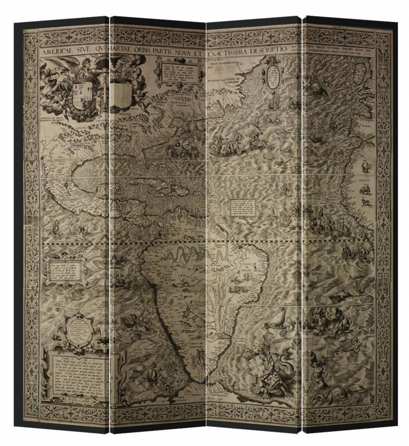 Fine Asianliving Kamerscherm Scheidingswand B160xH180cm 4 Panelen Vintage Wereldmap Grijs