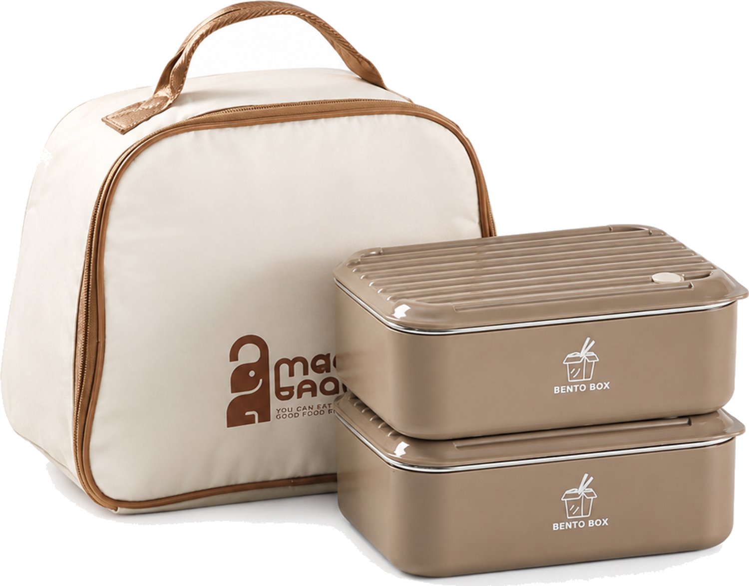 Broodtrommelset van roestvrij staal, 2 lunchboxen van elk 800 ml, met bestek en draagtas, bruin