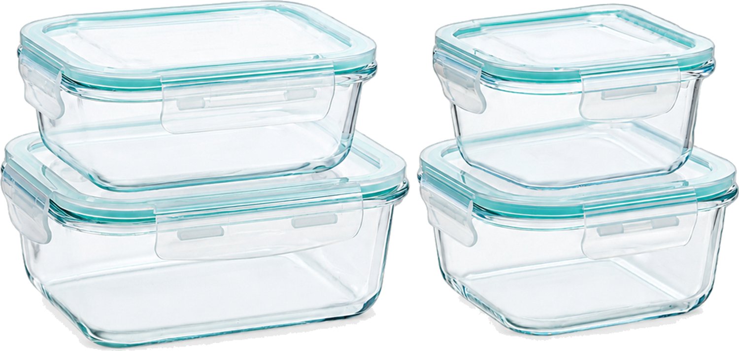 Broodtrommel, set van 4 glazen lunchboxen met deksel, 520, 640, 800 en 1040 ml, blauw