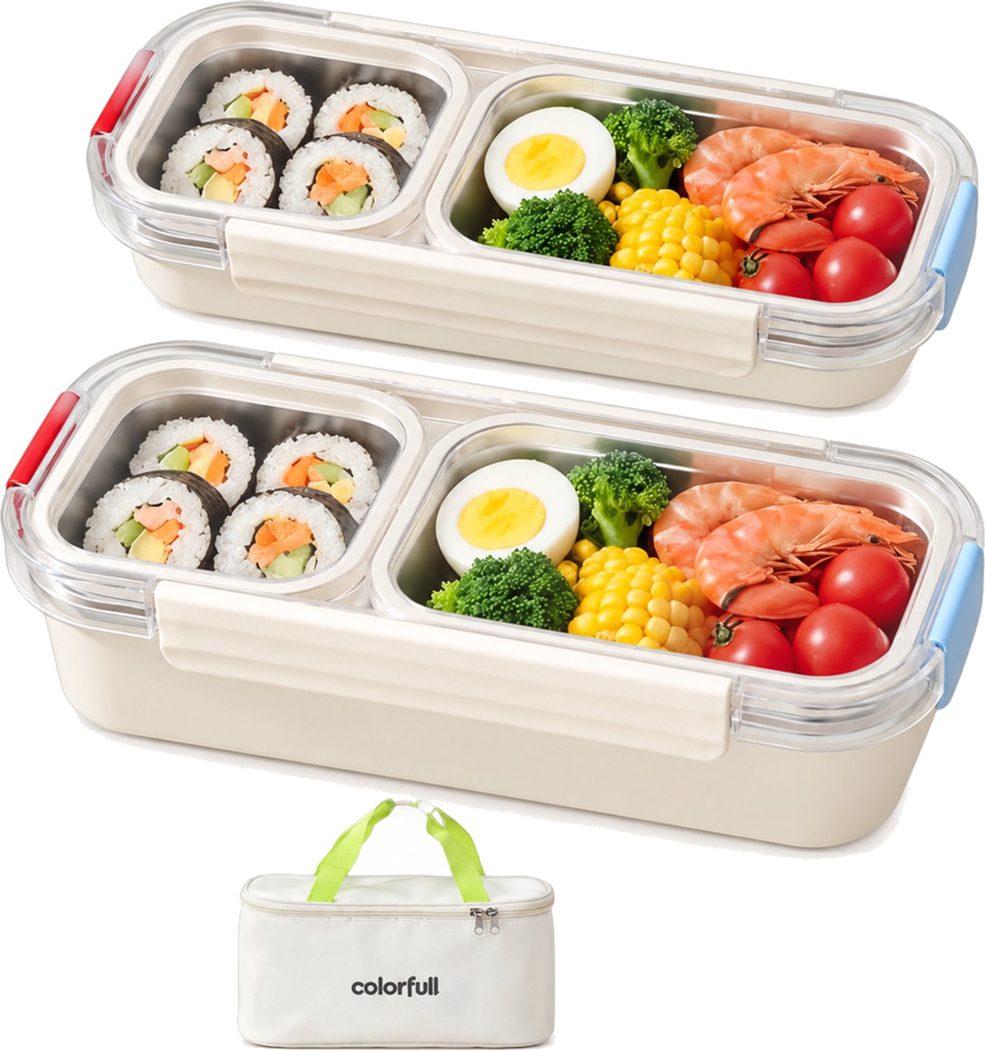 Broodtrommelset van 304 roestvrij staal met 2 lunchboxen met elk 2 vakken, bestek en draagtas