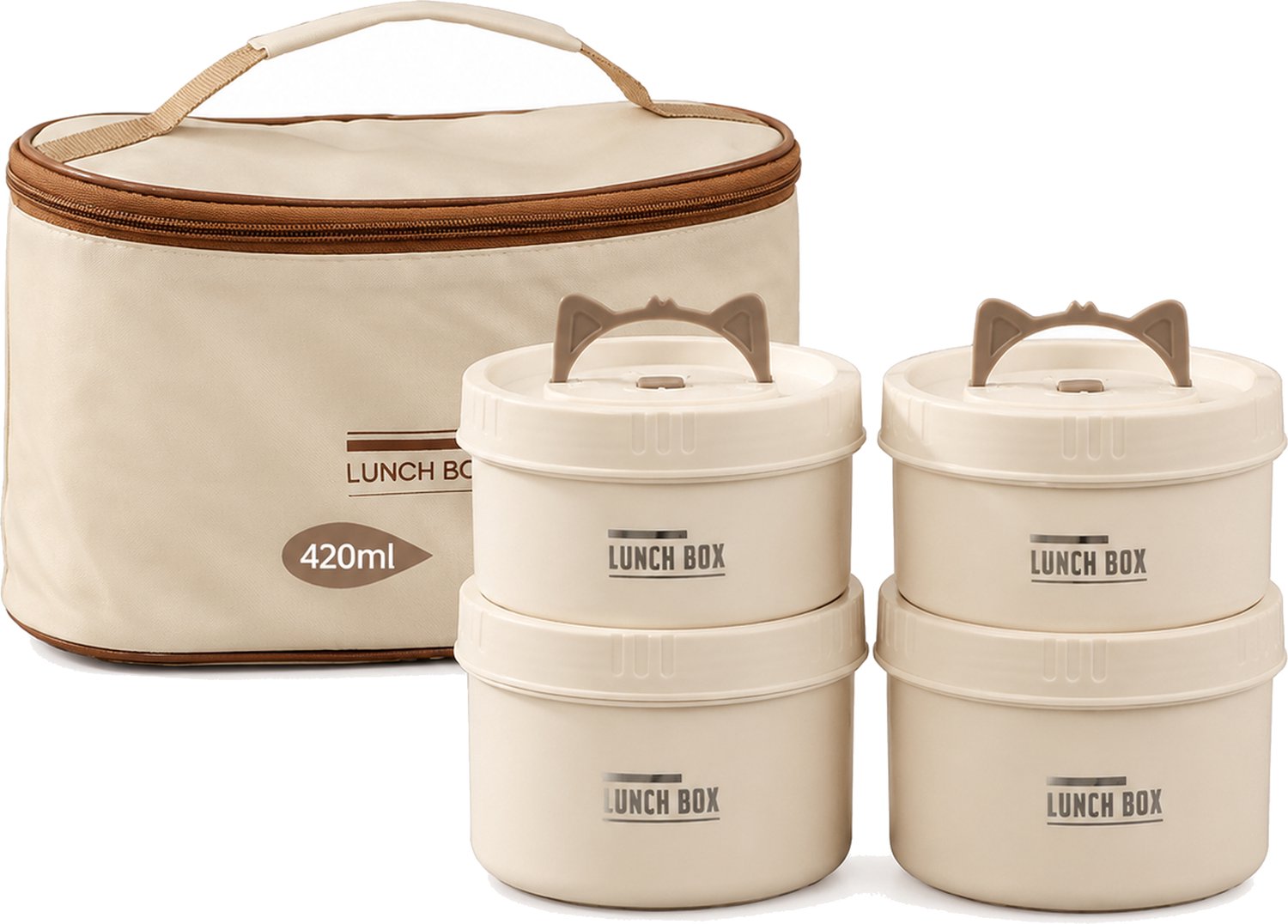 Broodtrommelset met vier witte, ronde lunchboxen van 304-roestvrij staal, met vakverdeling, thermische draagtas en bestek