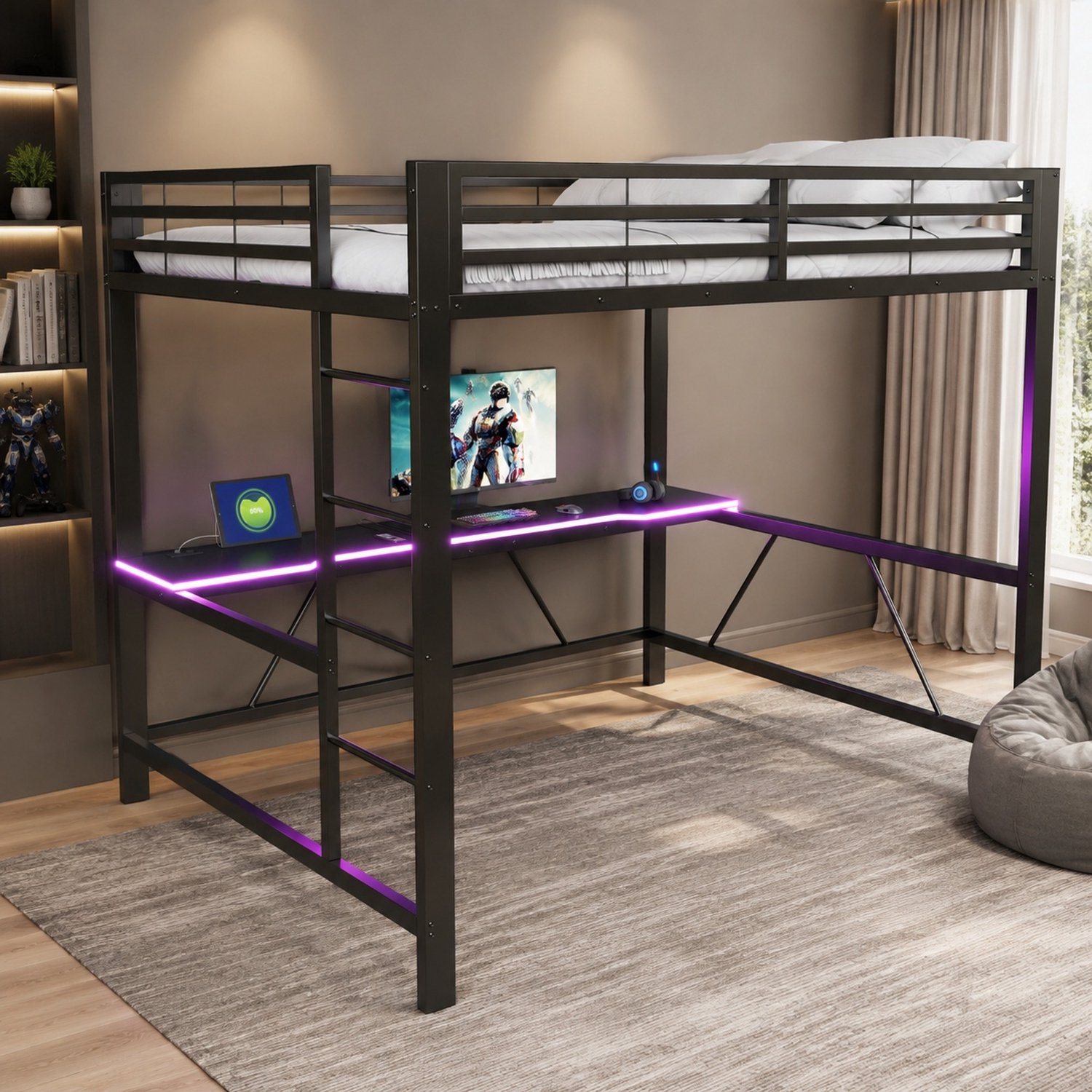 COVREO Hoogslaper met bureau en LED-verlichting – 160x200 cm – Bedframe met 24 latten – voor werkplek – Zwart - zonder matras