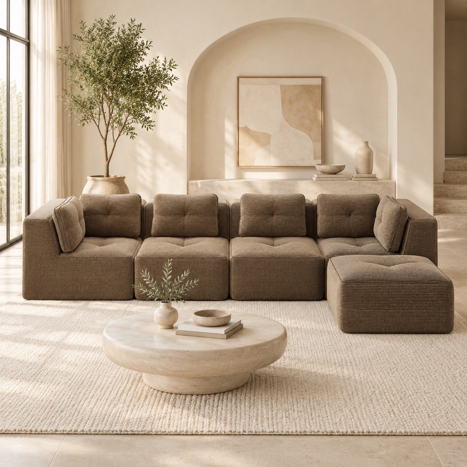 WUVRIE Modulaire hoekbank 386 cm breed - 4-zits met diepe zit en corduroy bekleding - Bruin