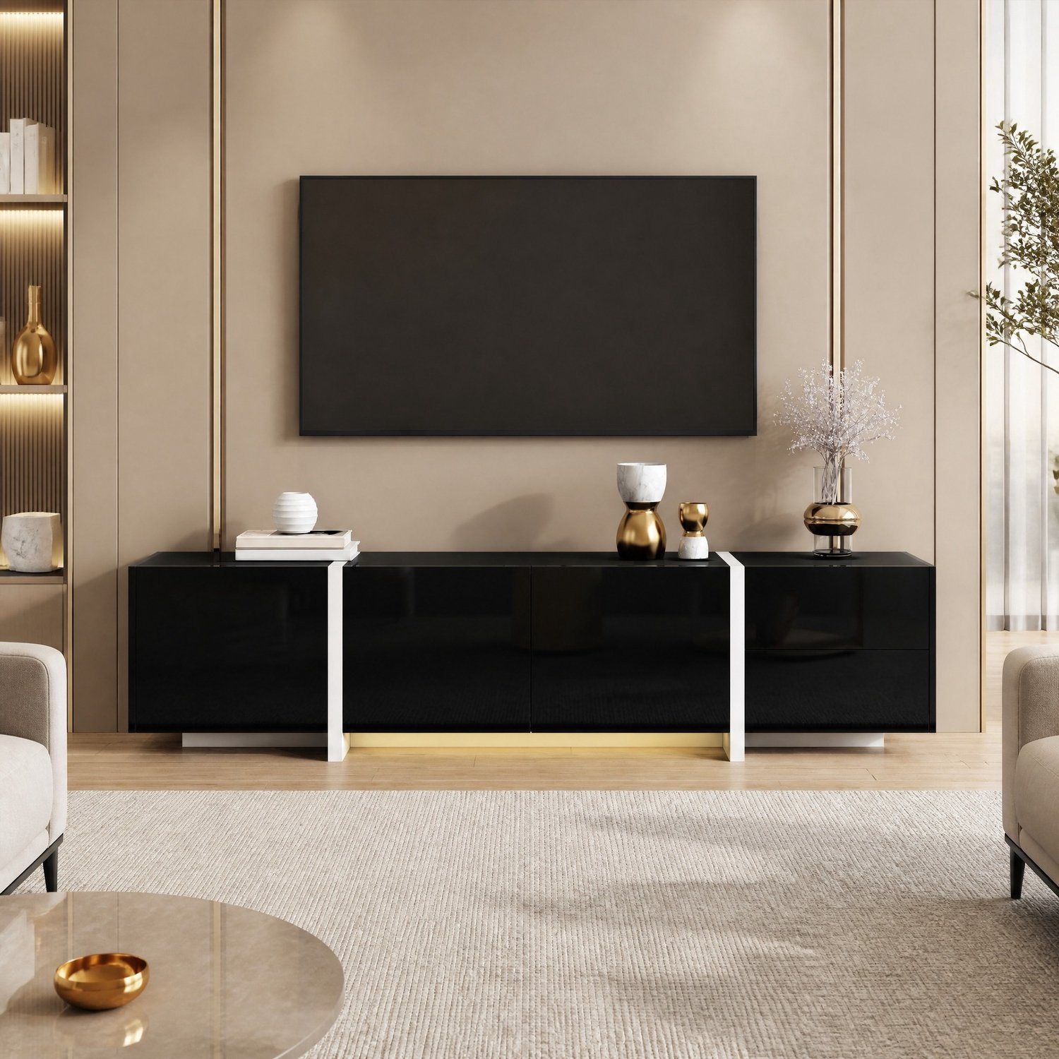 Maisentiel TV-meubel 170 x 30 x 39 cm met LED, hoogglans deuren, spaanplaat, zwart/wit