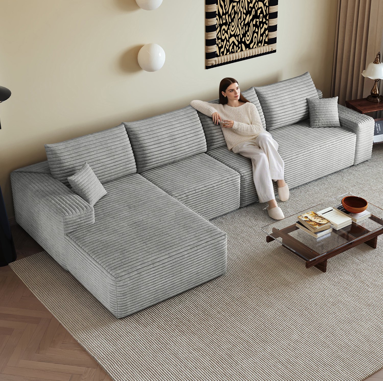 Wishdor Hoekbank - Modulaire L-vorm met chaiselongue - 4 zitplaatsen en diepe zitting - Modern design - Woonkamer slaapkamer appartement - Geribbelde stof - Grijs - 340 x 175 x 83 cm
