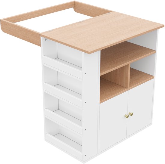 Witte commode met houten details, met een uitgeklapt blad voor extra werkruimte, op witte achtergrond.