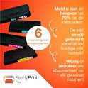 Vier inktcartridges op een oranje achtergrond. Tekst: Meld u aan en bespaar tot 70% op de inktkosten.