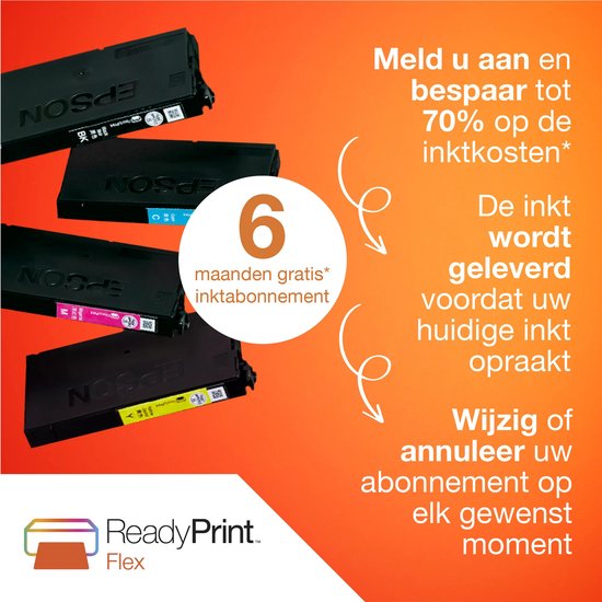 Vier inktcartridges op een oranje achtergrond. Tekst: Meld u aan en bespaar tot 70% op de inktkosten.