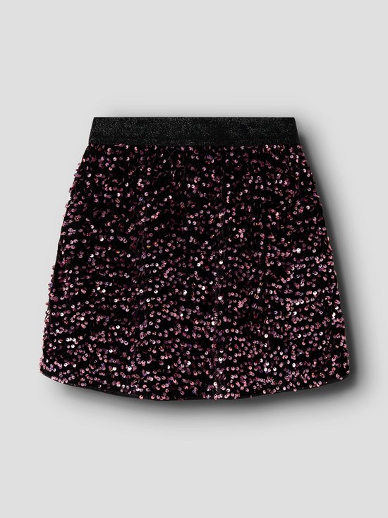 Zwarte rok met roze lovertjes en een glinsterende elastische tailleband.
