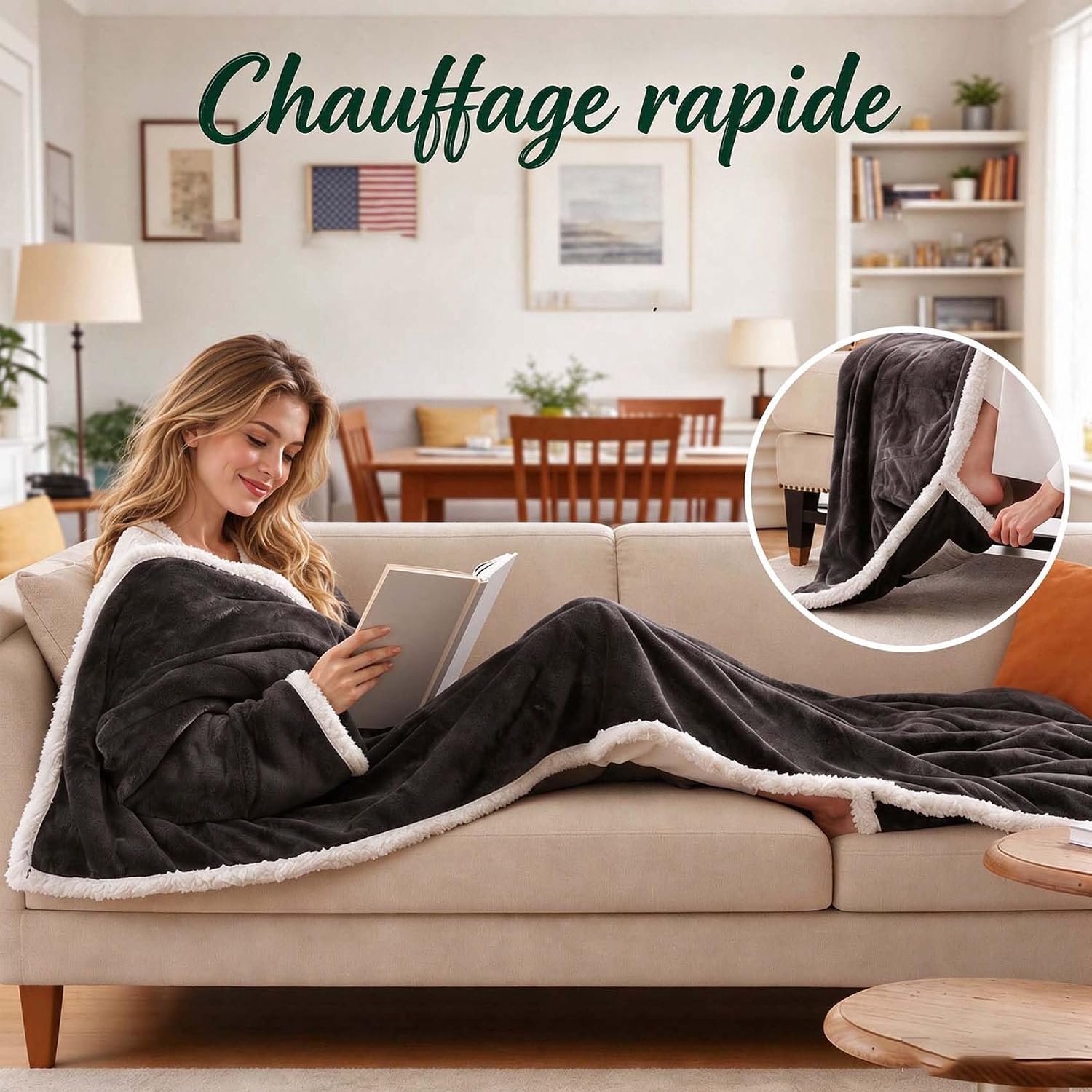Elektrische Deken - 180x130cm - 38-50°C - 6 Standen - 10 Timers - Oplaadbare elektrische deken - 1 Persoons Bovendeken - Warmtedeken Met mouwen en capuchon - Verwarmde deken - Bovendeken - Fleece - Voor Thuis & Kantoor - Grijs – foto 6