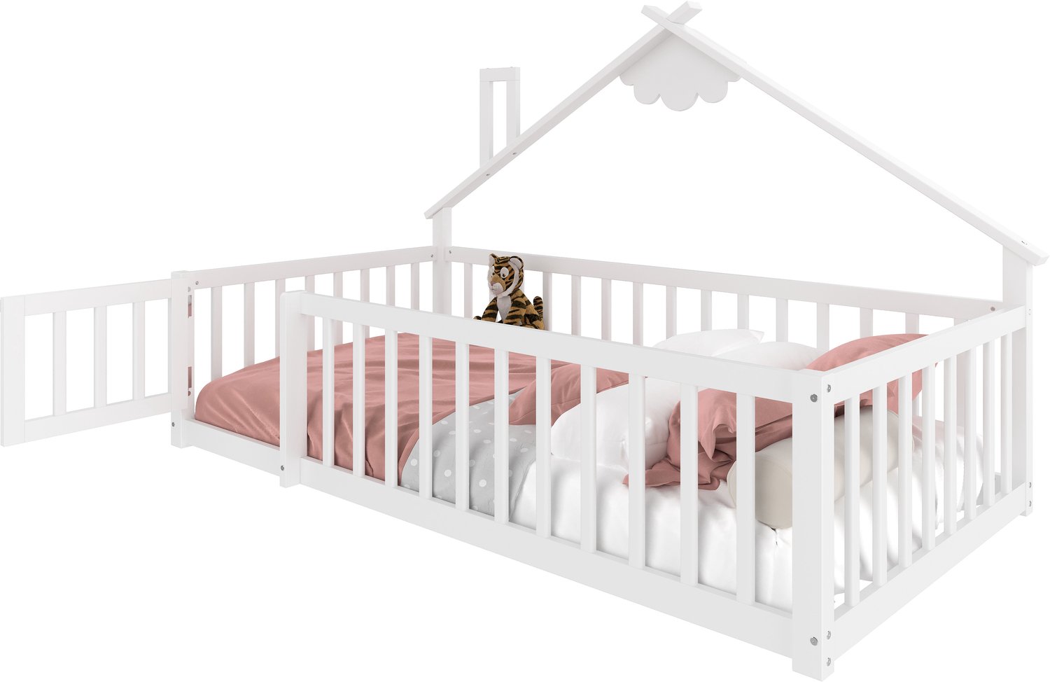 Kinderbed 90x190 cm - Met Afsluitbaar Bedhek En Huisvormig Ontwerp - Grenenhout En MDF - Wit - Een Eigen Slaapplek Voor De Kinderkamer