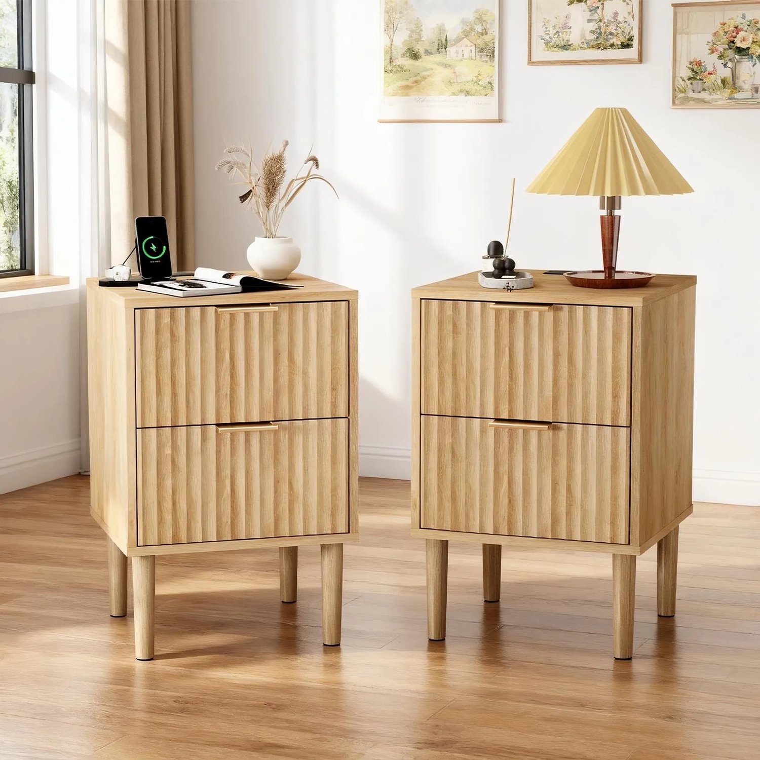 LEADZM Set van 2 Nachtkastjes met 2 lades - Eiken - 40 x 39.5 x 60 cm
