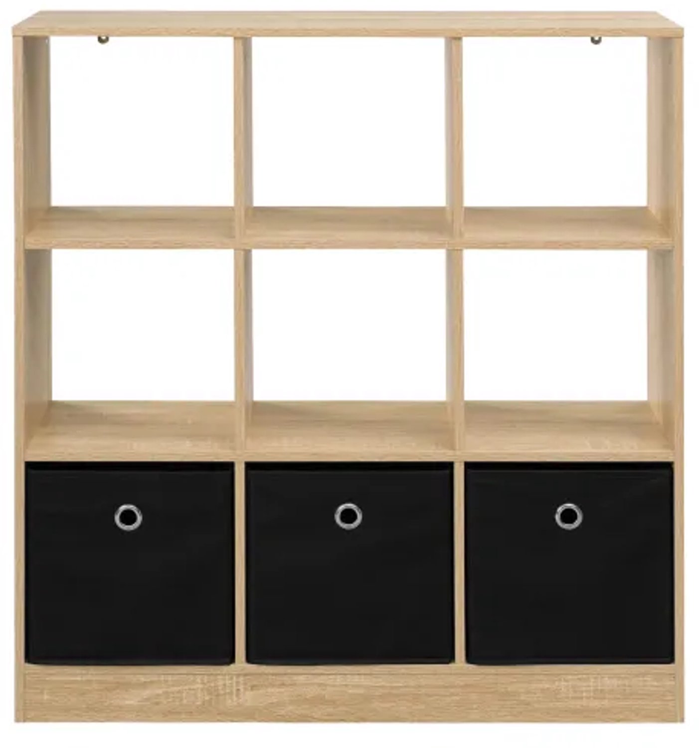 Kubusrek met 9 vakken en 3 stoffen lades, licht eiken boekenrek met zwarte dozen, 80 × 30 × 86,5 cm