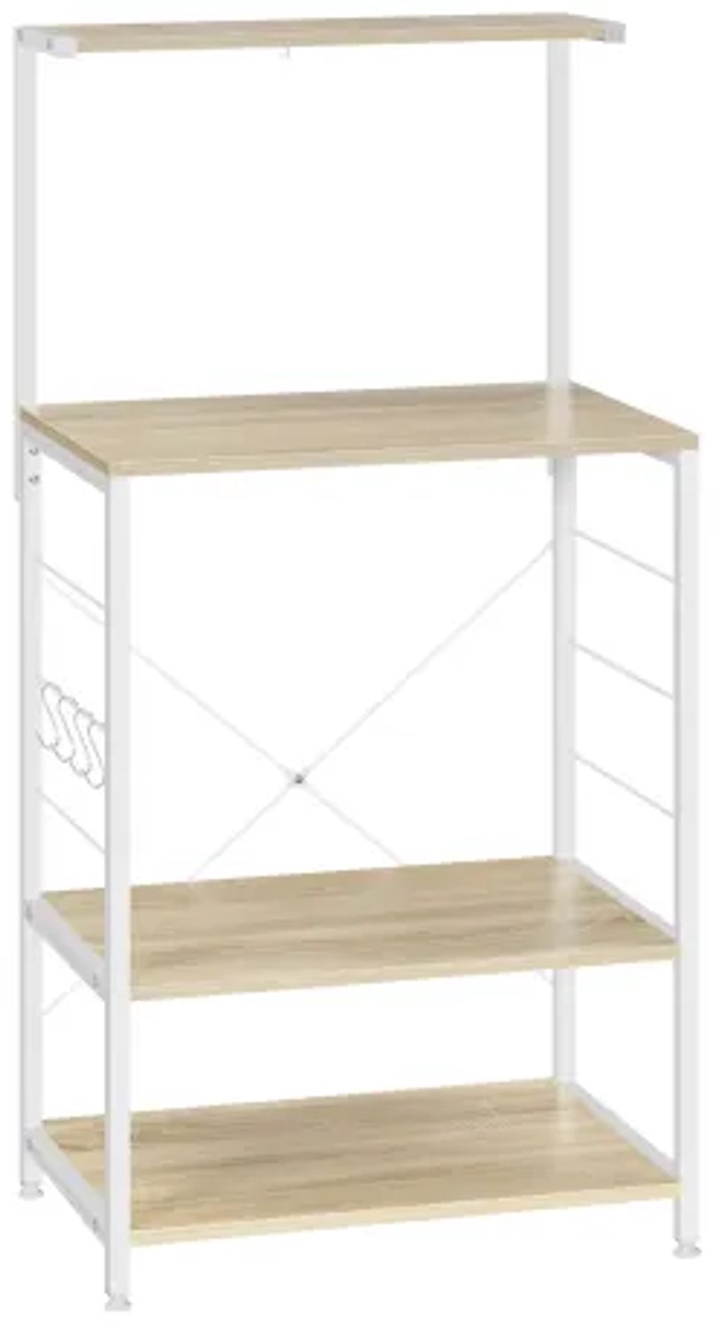Bakkiersrek voor keuken met 3 niveaus, wit magnetronrek in licht eiken met stalen frame, 60 × 40 × 123 cm