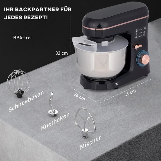 Staande mixer, keukenmachine, roerapparaat, 6 snelheden, 5,5L roestvrijstalen kom, Zwart — afbeelding 2