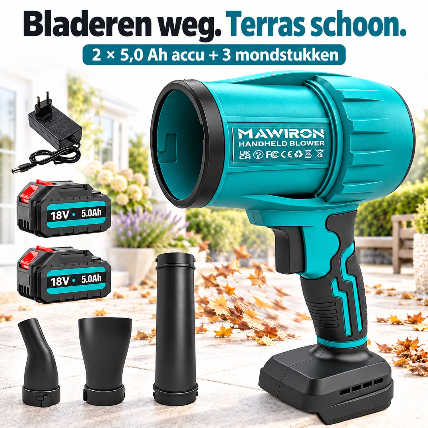 MAWIRON Accu Bladblazer 18V – Draadloze Handblazer en Stofblazer – 2×5,0 Ah Accu’s, 3 Mondstukken en Oplader – Voor Tuin, Terras en Garage