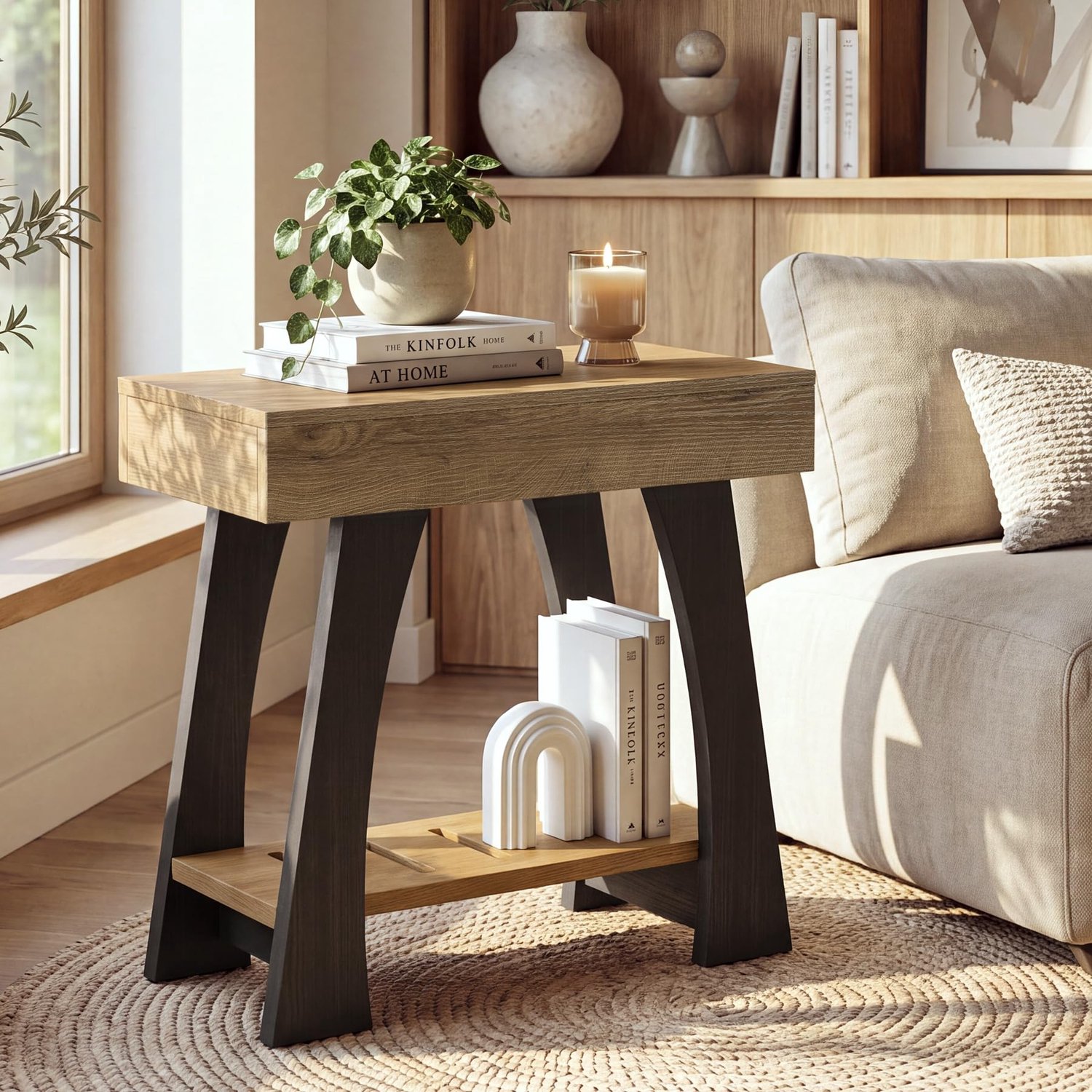 LITTLE TREE Bijzettafel Voor Woonkamer - Smalle Zijtafel 30cm Diep - 2 Niveau's Opslag - Bruin En Zwart - Modern Landhuis Stijl - Eenvoudige Montage
