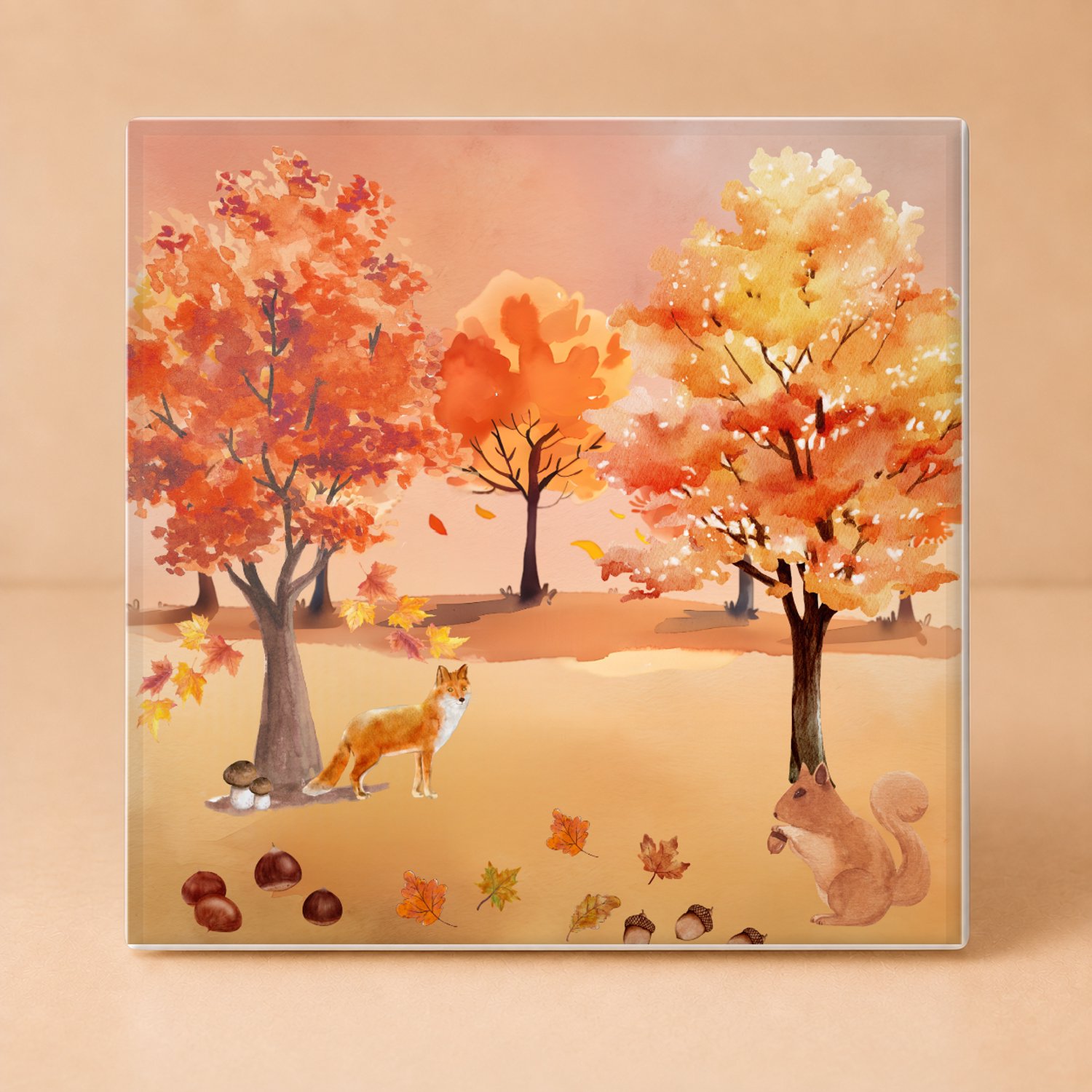 Bedruk King Sfeervolle Herfst Tegel – Decoratieve Keramiek Met Bosdieren en Bomen Voor Natuurliefhebbers - 11 x 11 cm Wit
