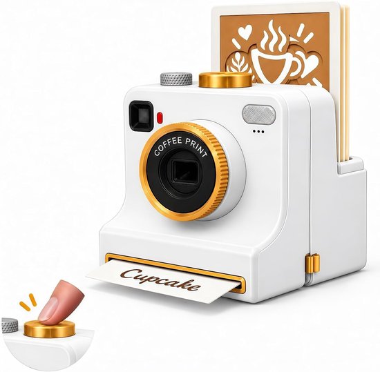 Witte koffie-art camera met goudkleurige lens en 'Cupcake' sjabloonkaart onderaan.