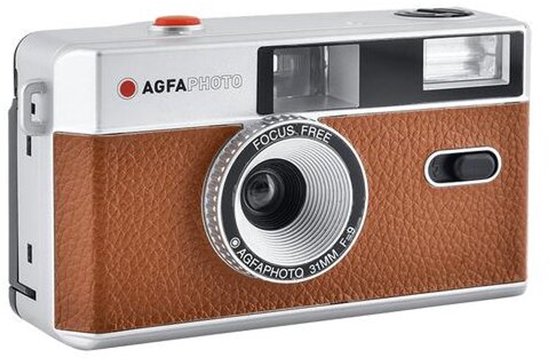 AgfaPhoto analoge camera, bruin met zilveren accenten en 31mm focusvrije lens.