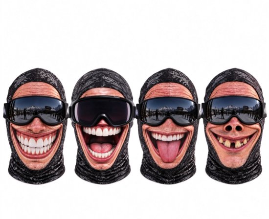 Set van vier bivakmutsen met verschillende 3D-gezichtsuitdrukkingen op een witte achtergrond.