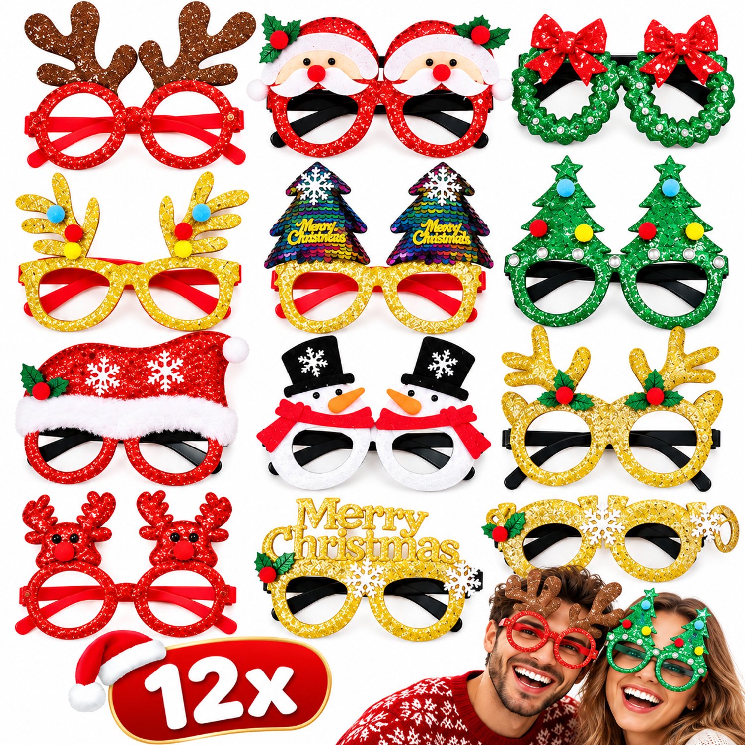 Tolvia Kerstbrillen - 12 Stuks - Grappige Kerst Accessoires - Glitter Feestbrillen voor Kinderen & Volwassenen - Kerstfeest, Verkleedkleding & Photobooth