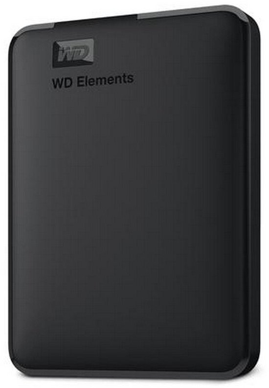 Zwarte Western Digital Elements draagbare harde schijf, vooraanzicht.