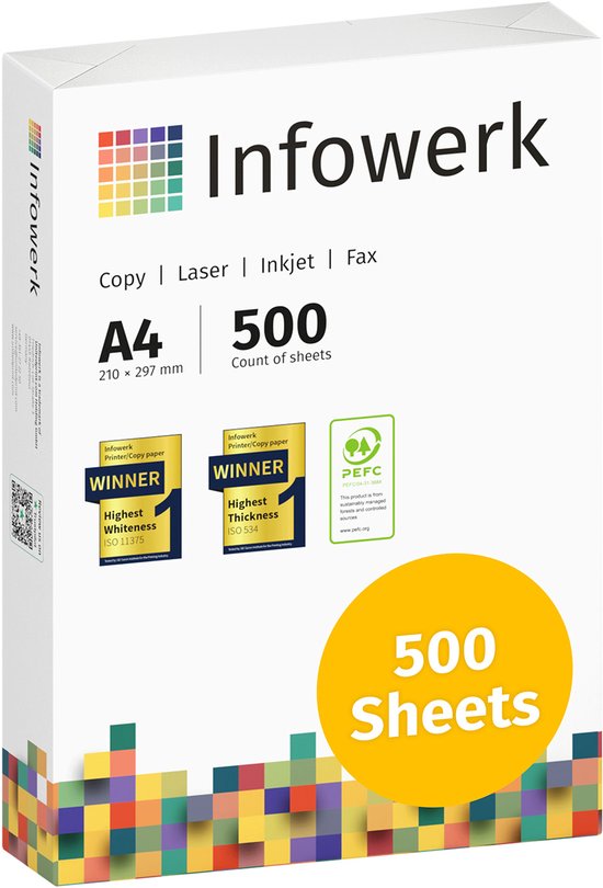 Pak Infowerk A4-printerpapier met 500 vel, met kleurrijke pixelrand en certificeringslogo's.