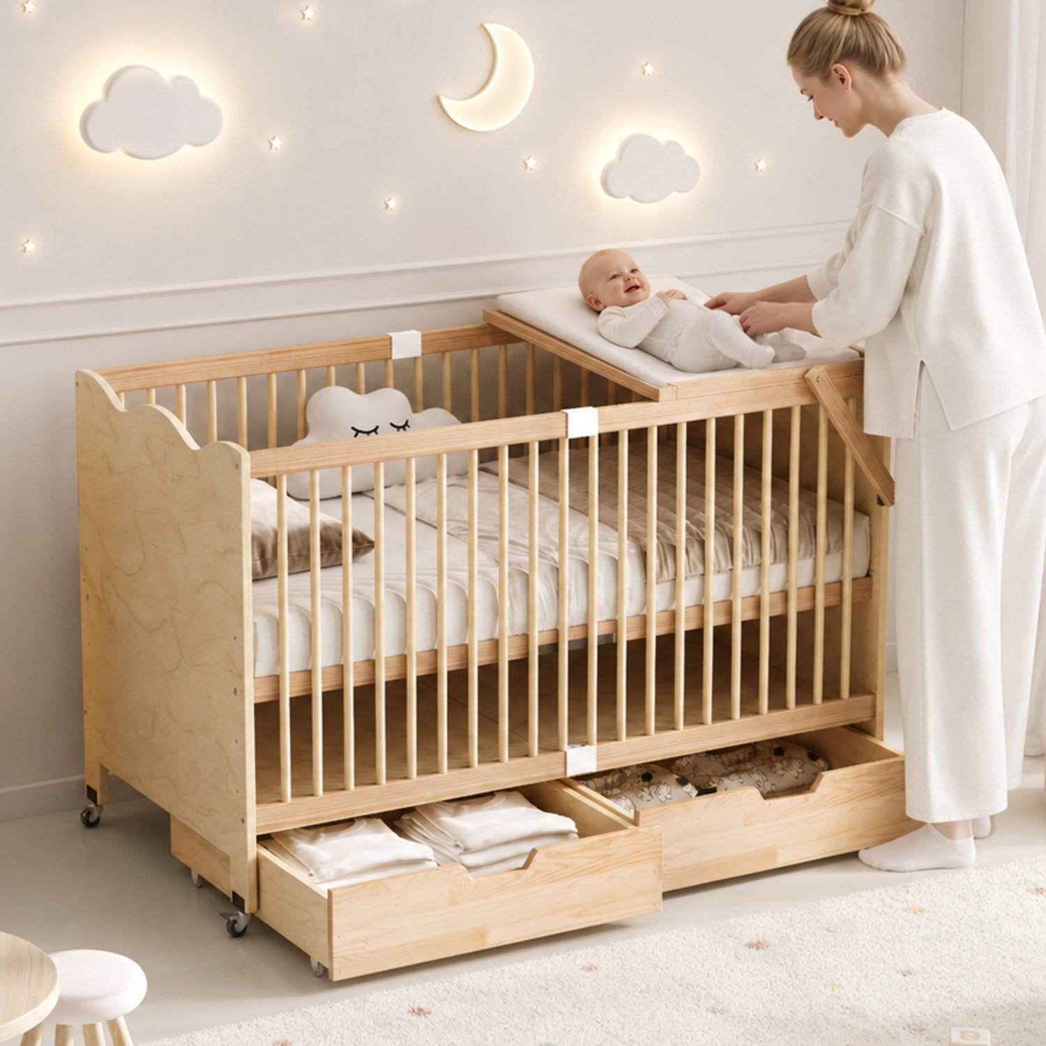 VVBV Baby bed / Ledikant / Baby ledikant 70x94.5 cm – Lades, Verschoonfunctie, In Hoogte Verstelbaar – voor Babykamer – Massief hout / Naturel