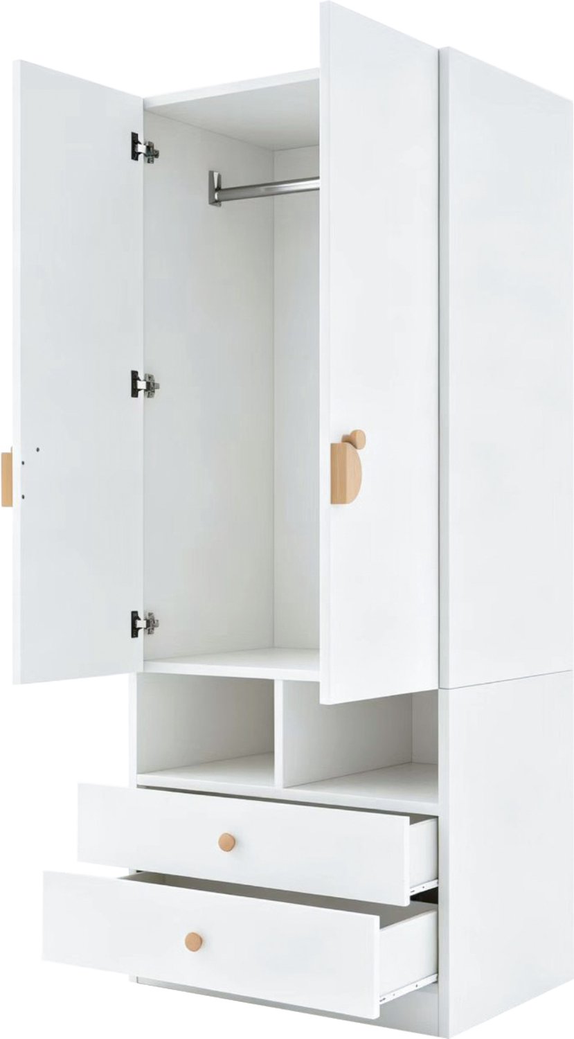 Kledingkast Met Twee Lades - 70 x 50 x 170 cm - Twee Deuren En Twee Kleine Opbergvakken - Stripfiguurhandgrepen - Wit MDF En Multiplex