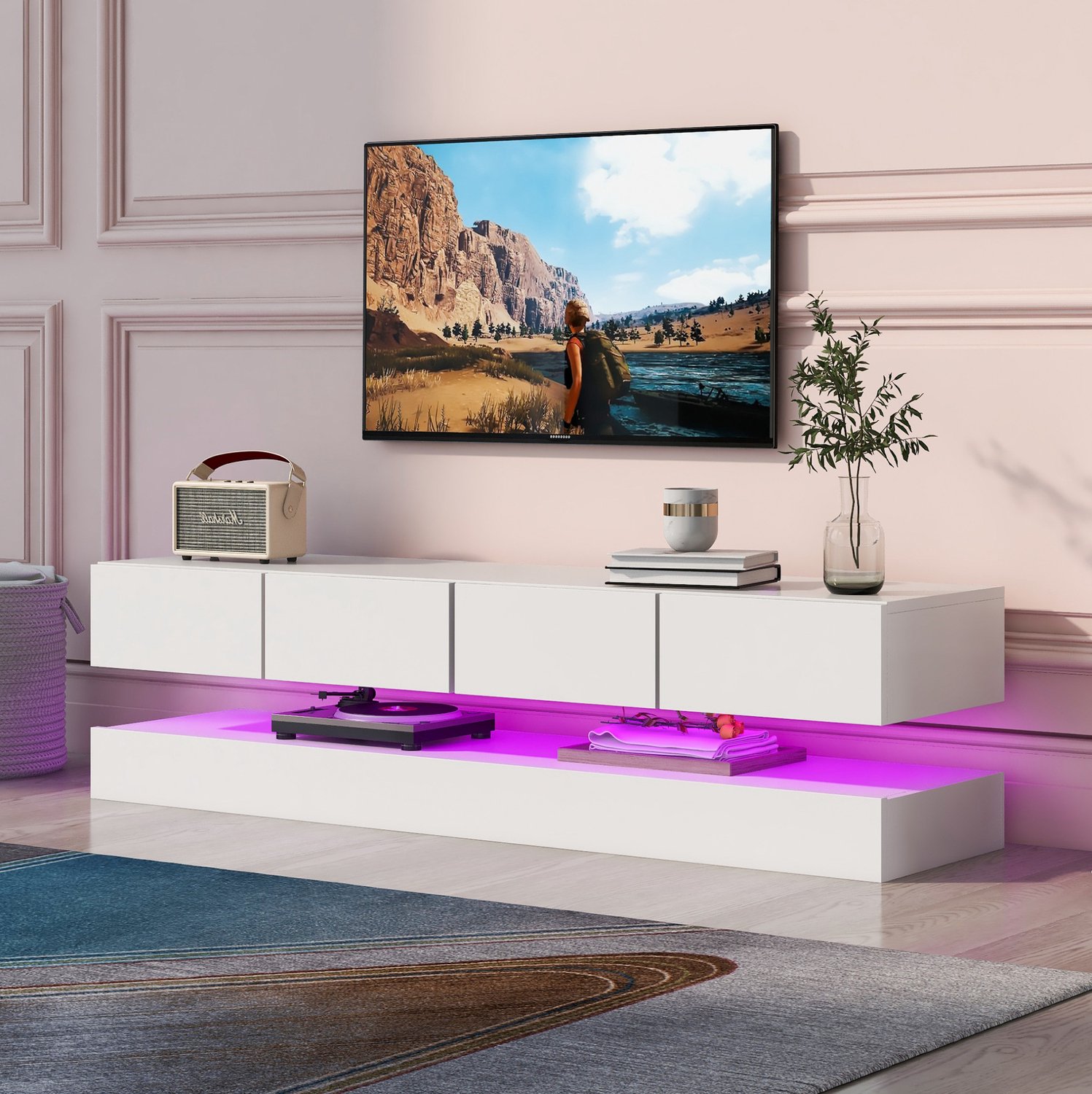 Maisentiel Wandmeubel voor tv 130 cm met LED, 4 laden en Bluetooth-bediening, wit MDF