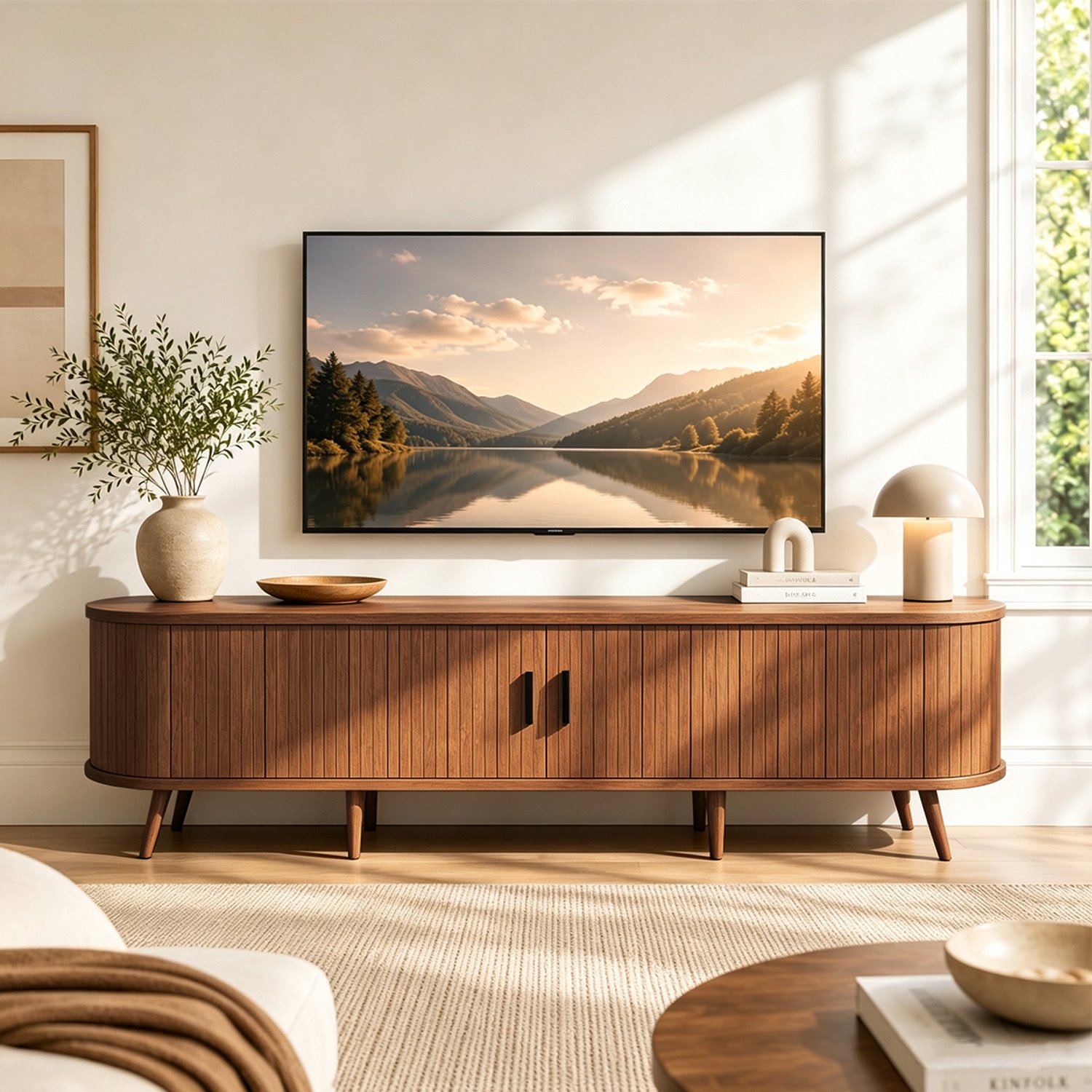 Mihtrov Tv Meubel Walnoot – 175 X 45 X 38 CM - Mid-Century Modern Design Met Opbergruimte En Ronde Hoeken Voor Woonkamer Slaapkamer En Hal