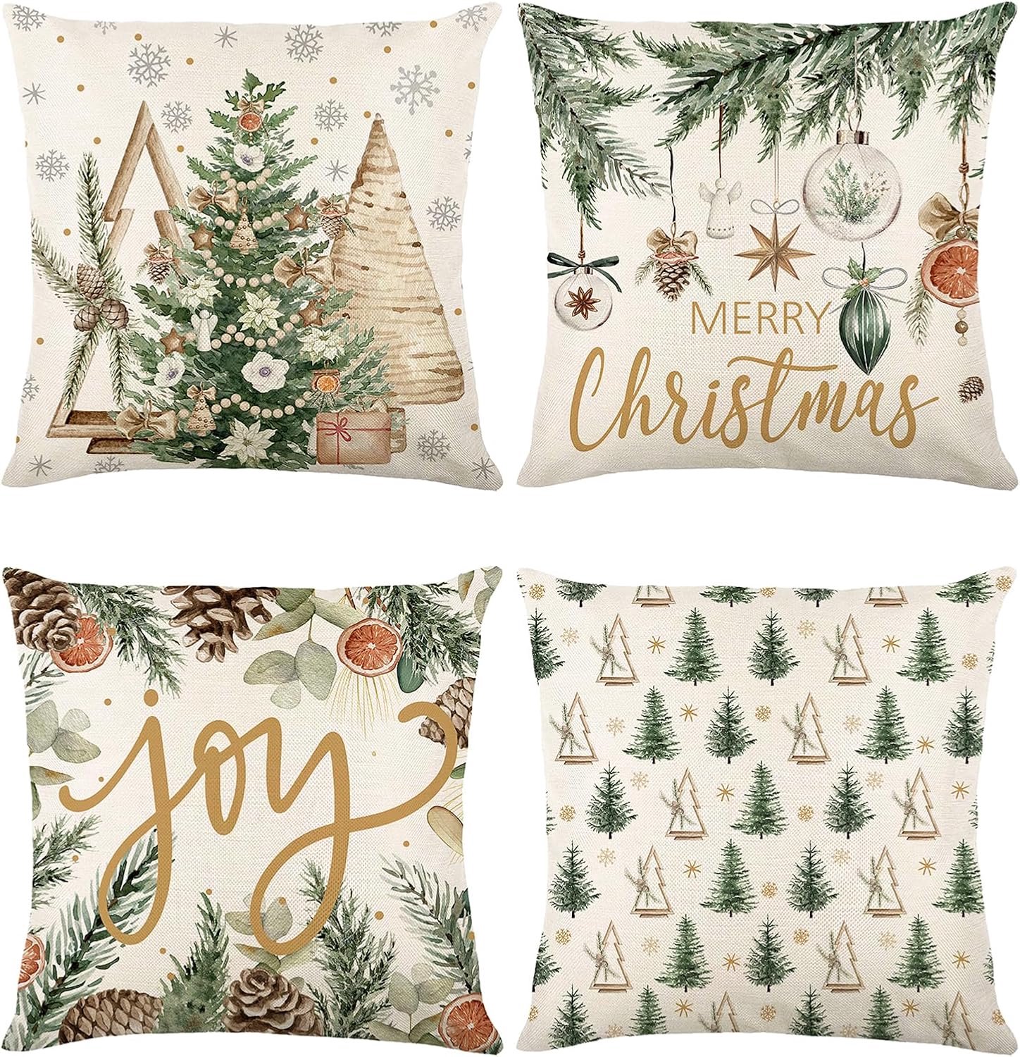 Set van 4 - Kerst kussensloop - Kussenhoes - Kerstkussenslopen - 45 x 45 cm - Kerst decoratie - Kussenhoesjes - Winter vakantie kerstdecoratie - Thuis bank kussen - Binnen decoraties - Voor decoratie Kerstmis, bank, slaapkamer - Polyester - Beige