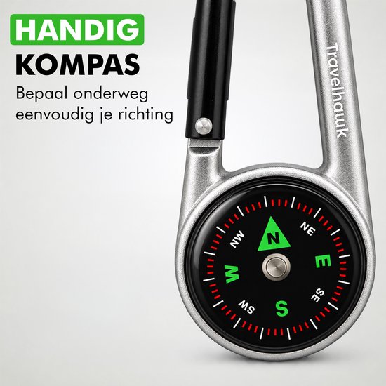 Travelhawk karabijnhaak met kompas. Tekst: HANDIG KOMPAS, Bepaal onderweg eenvoudig je richting.