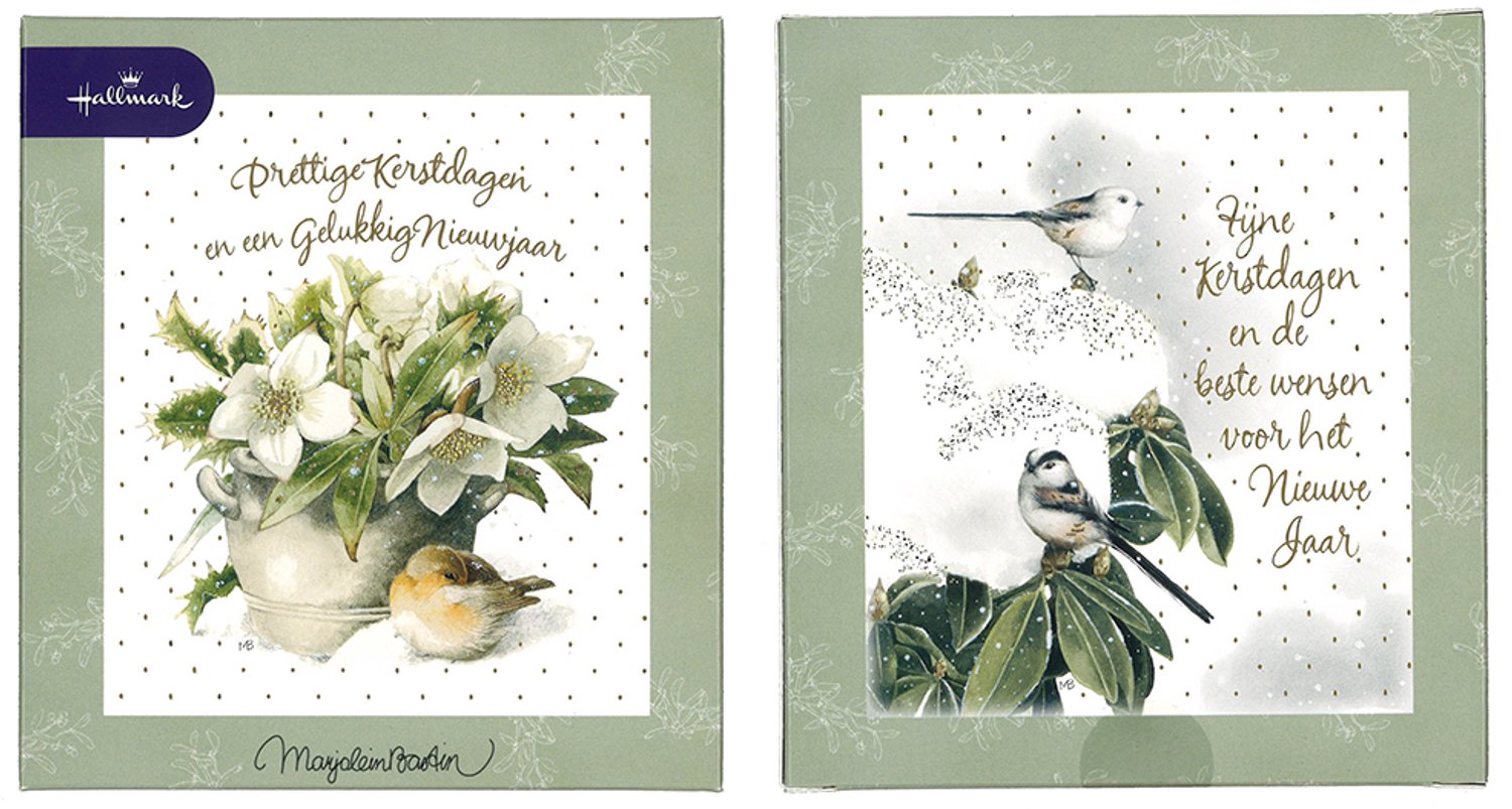 Hallmark - Marjolein Bastin - 32 Kerstkaarten - 2 Boxjes - Vogeltjes & sneeuw - Goudfolie - Kerst - Nieuwjaar - 12 x 13.5 cm