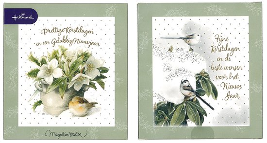 Twee Hallmark kerstkaartdoosjes door Marjolein Bastin met bloemen, vogels en gouden stippenpatroon.