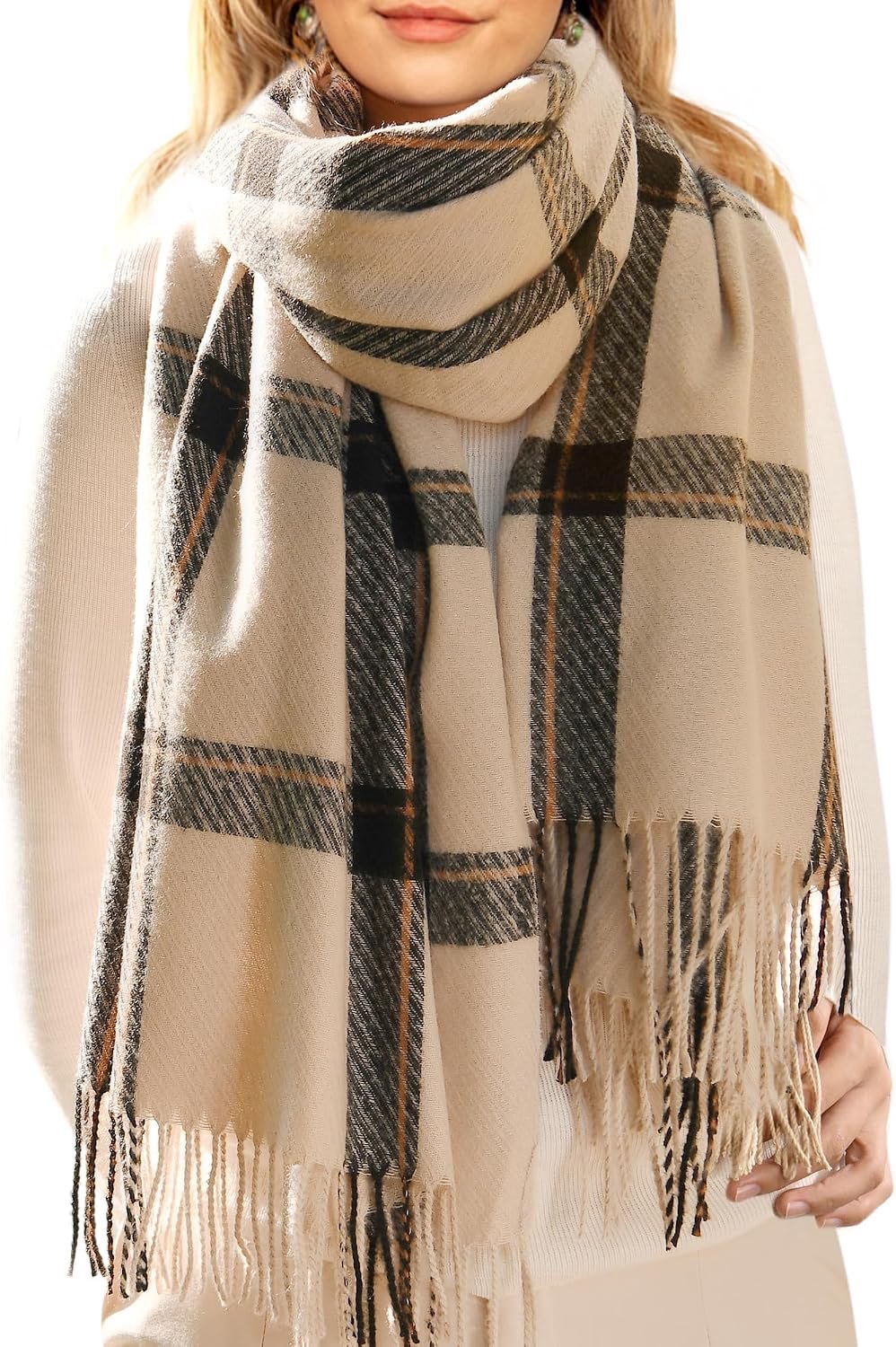 Dames Sjaal - Groot Ruit Patroon met Kwasten - Oversize Sjaal/Wikkelshawl - Beige - 200 x 65 cm - Warm voor Herfst & Winter