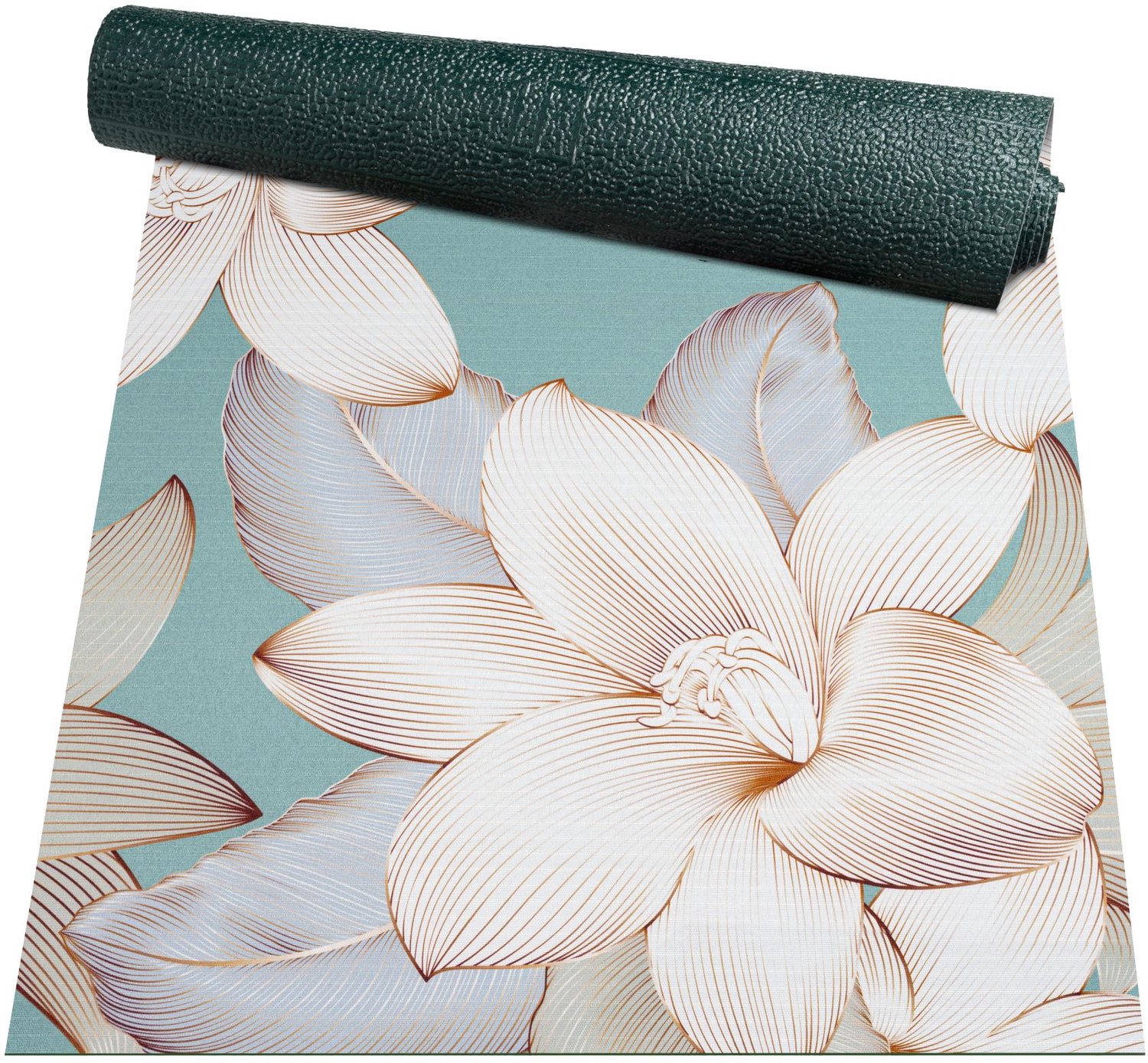 ANRO Keukenloper Filadelfo Lotusbloemen Turquoise-Crème 400x52cm – Antislip Gangloper Tapijtloper