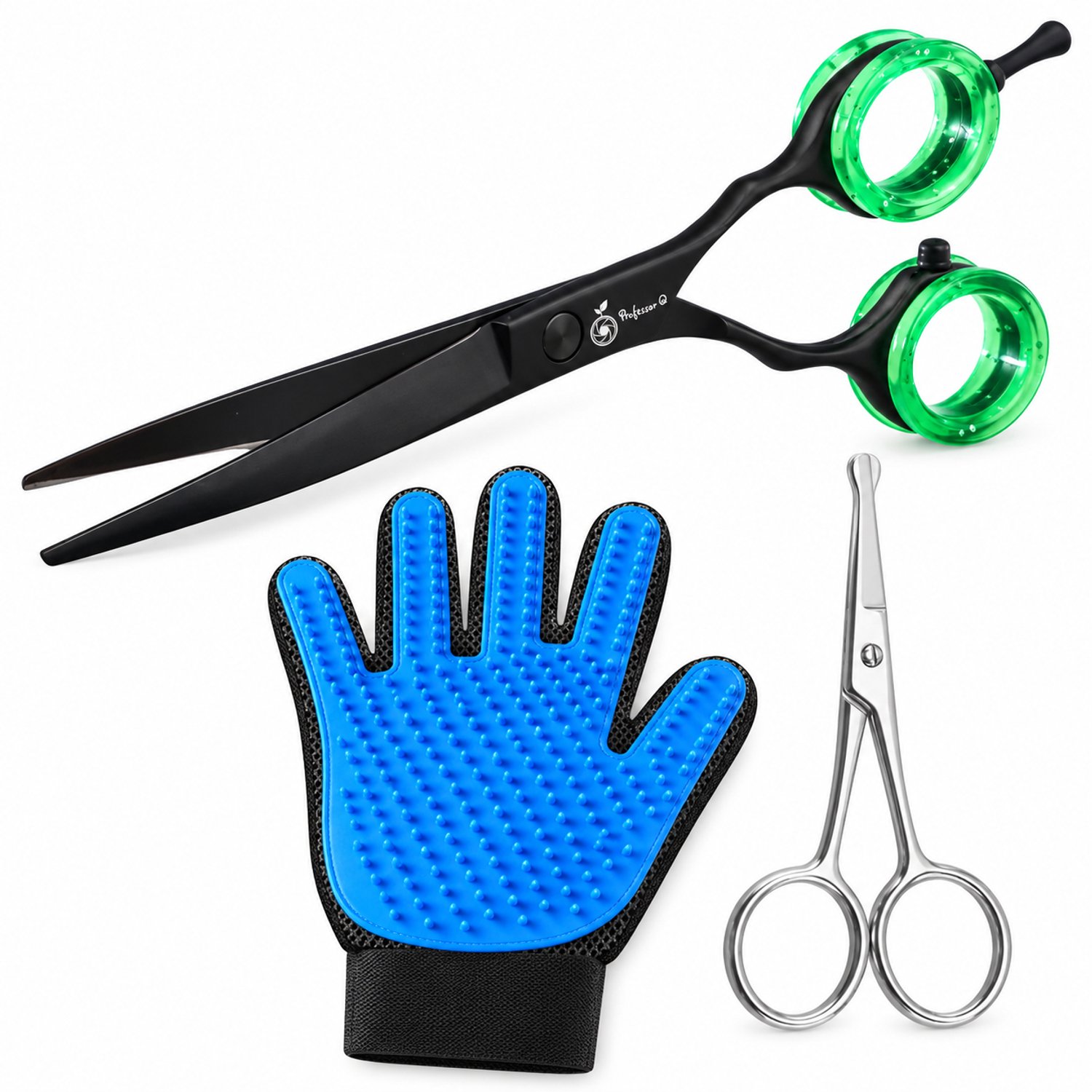 Professor Q Hondentrimset - Gebogen Trimschaar Zwart/Groen - Potenschaar Zilver en Vachthandschoen Blauw - 3-delig