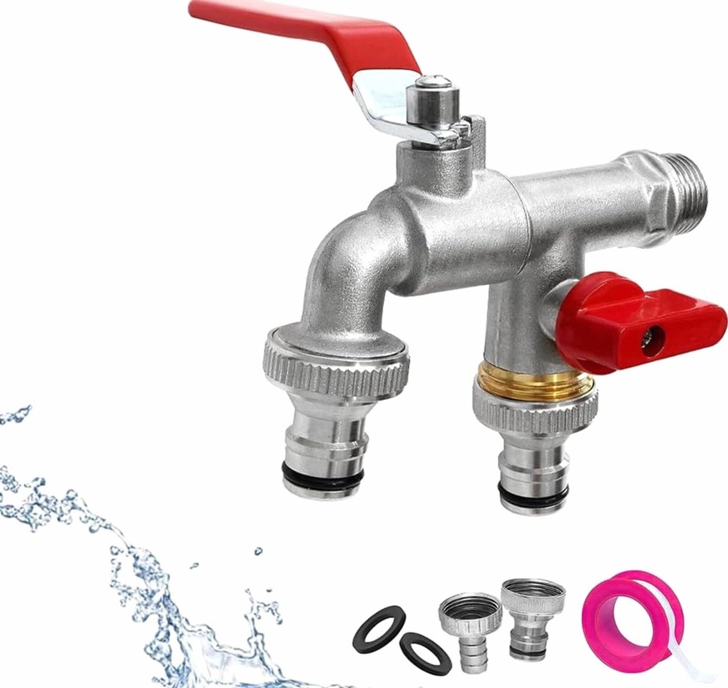 Dubbele Tuinkraan Messing 1/2" met Slangkoppeling en Afdichtingstape