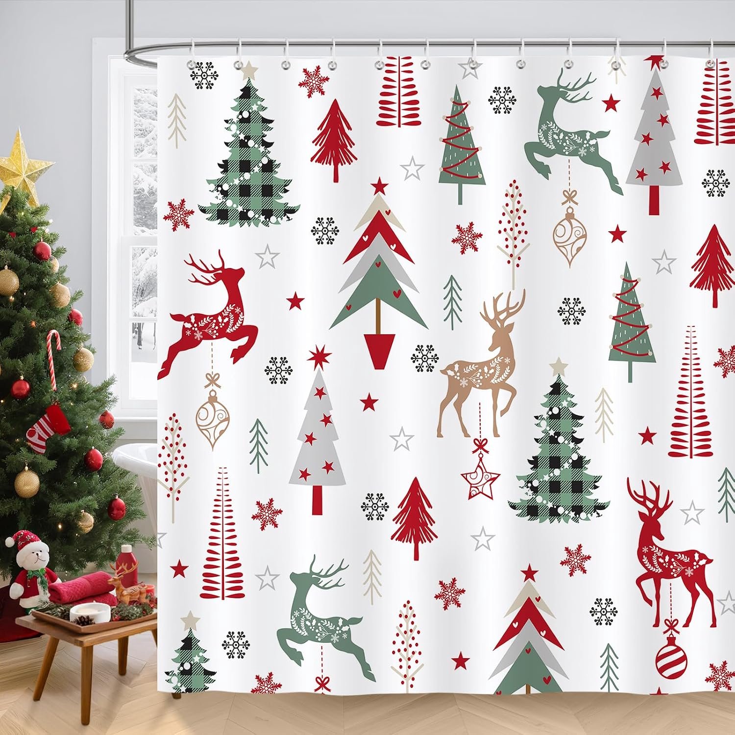 Shower Curtain, 180 x 180 cm, Christmas, Red, Green, Grey, Christmas Tree, Reindeer, Snowflake, Shower Curtain, Mildew - ShopVlot
