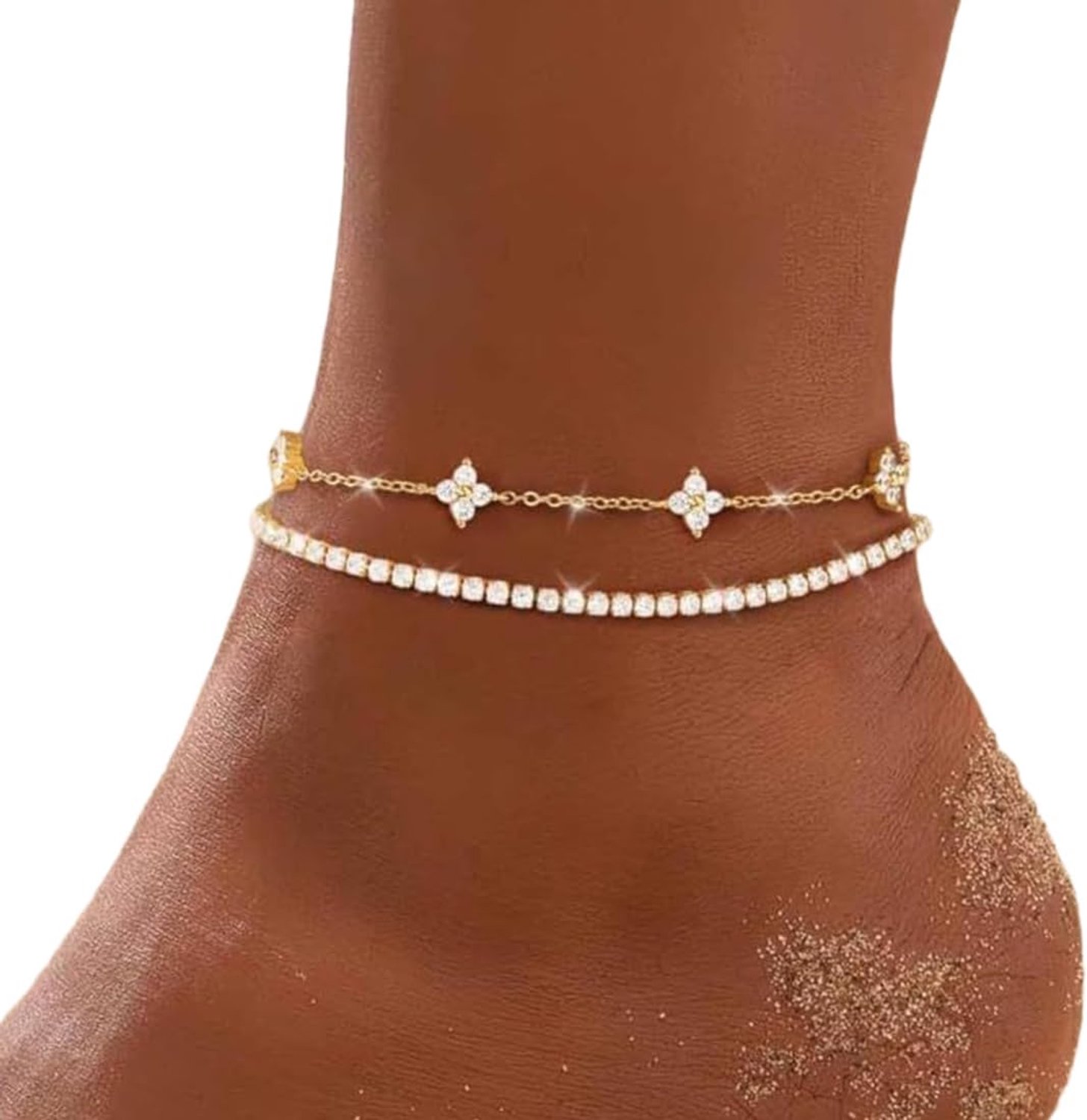 Enkelbandjes voor dames, dubbellaags enkelbandje van 18 karaat verguld messing en met diamanten ingelegd, klavertje - ShopVlot