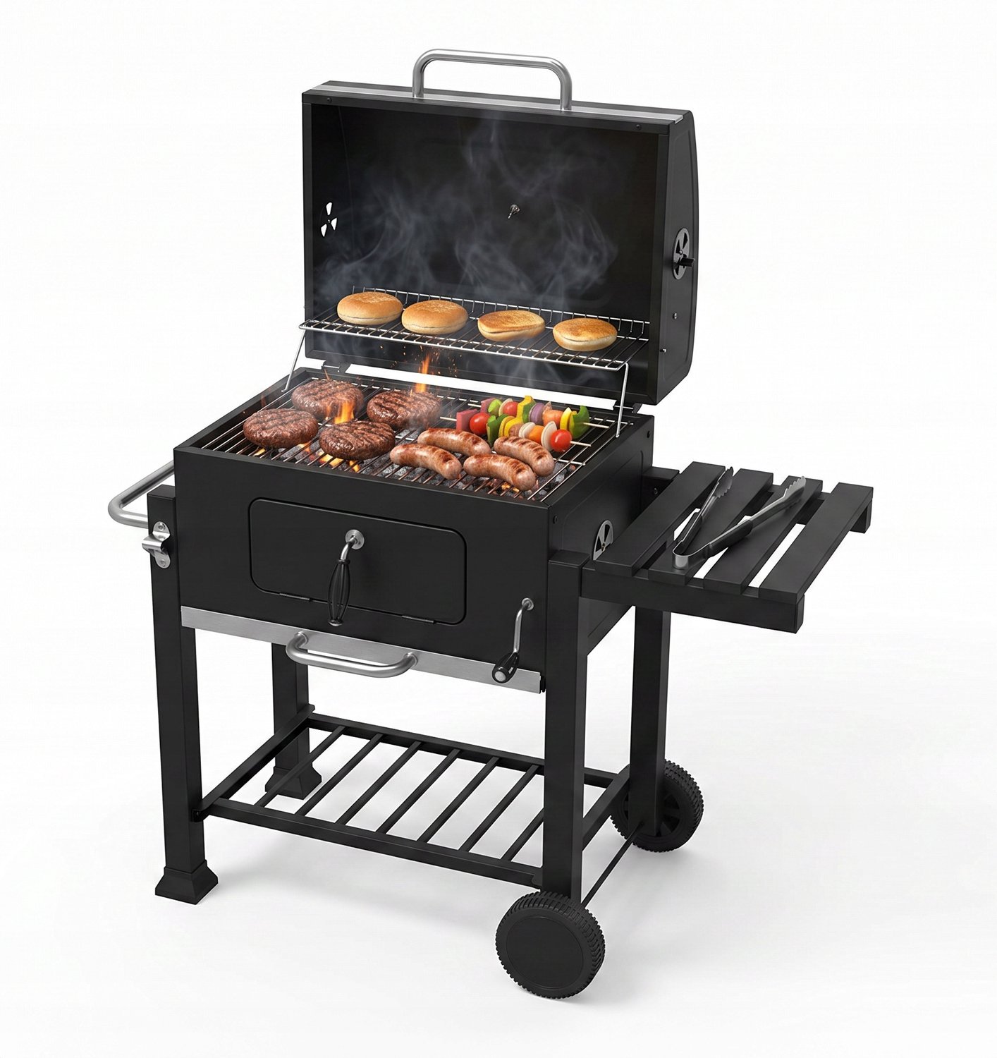 Rugia Koolgrill met Deksel, Plank & Thermometer - Groot Zwart