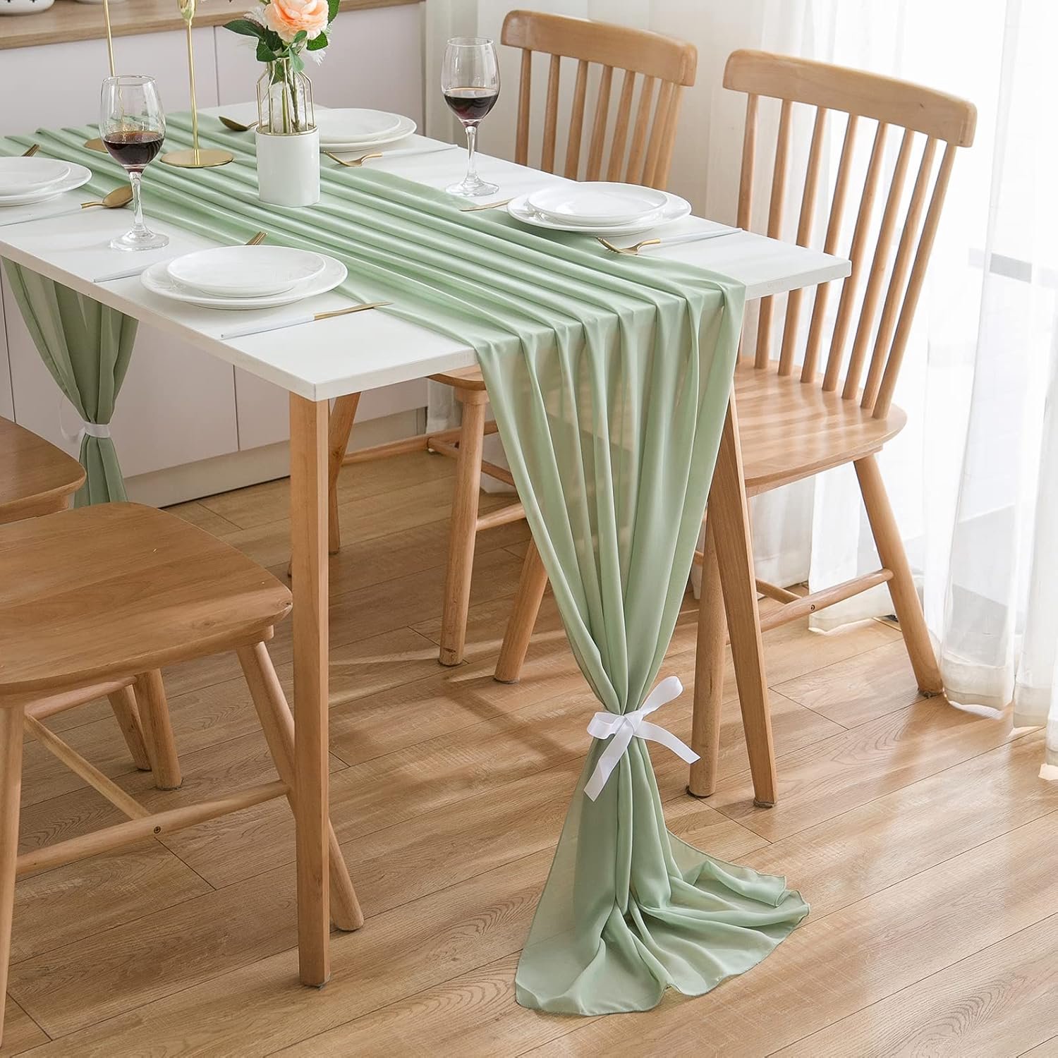 SnelShoppen - Elegante Chiffon Tafelrunner 3m Matcha Groen - Wasbaar, Geschikt voor Binnen en Buiten, Bruiloft, Communie, Feestdecoratie