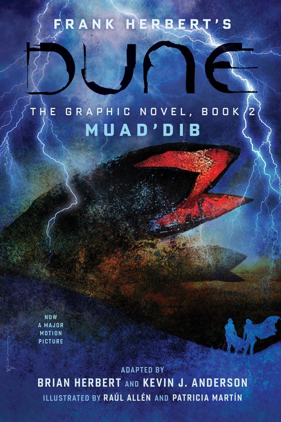 Graphic novel cover met bliksemschichten, een woestijnworm met rode bek en silhouetten tegen een blauwe achtergrond.