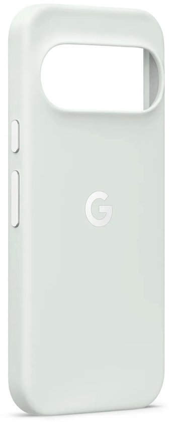 Lichtblauwe beschermhoes van opzij gezien met een wit Google G-logo op de achterkant.