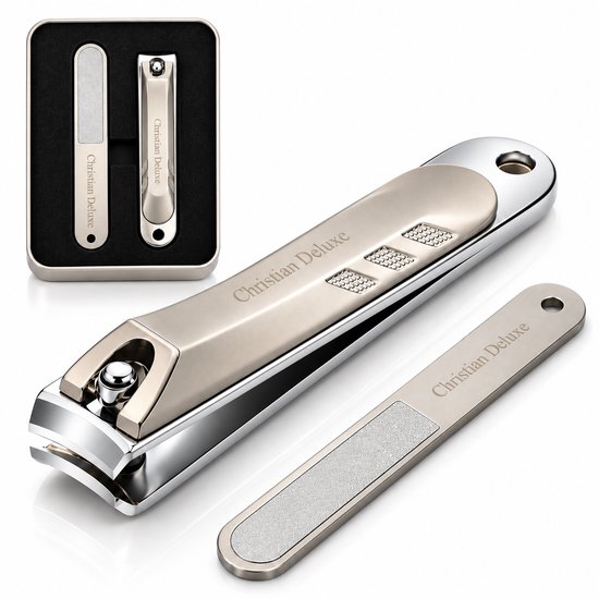 Christian Deluxe nagelknipper en glasvijl met een gouden finish, inclusief een bijpassend opbergdoosje.