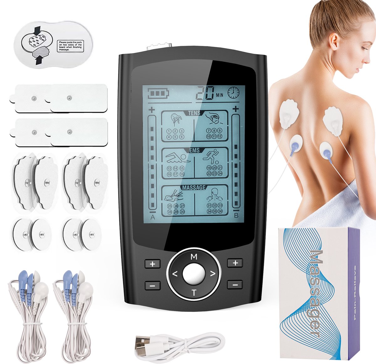 TENS EMS Massage Apparaat 36 Modi - Spierstimulator met 2 Kanalen 20 Intensiteitsniveaus - Oplaadbare Zenuwstimulator voor Pijnverlichting - Inclusief 12 Elektroden Meridiaankaart - Zwart