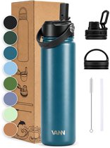 VANN® 3-Wandige RVS Drinkfles 650 ML met rietje voor volwassenen – Met 5 accessoires – Thermosfles – 24 uur koud/12 uur warm – Nordic Sea – VANN Ultimate Bottle®